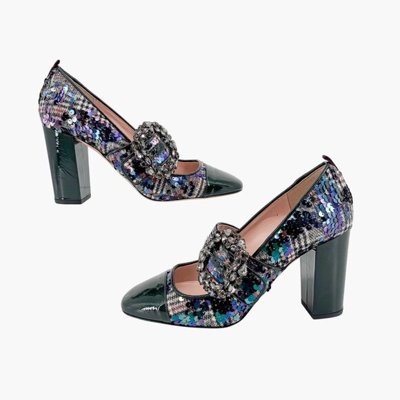 SJP Winnie Crystal Buckle Mary Jane Pumps Size 37 US 6-7 Tartan Sequin Heels - Picture 8 of 12